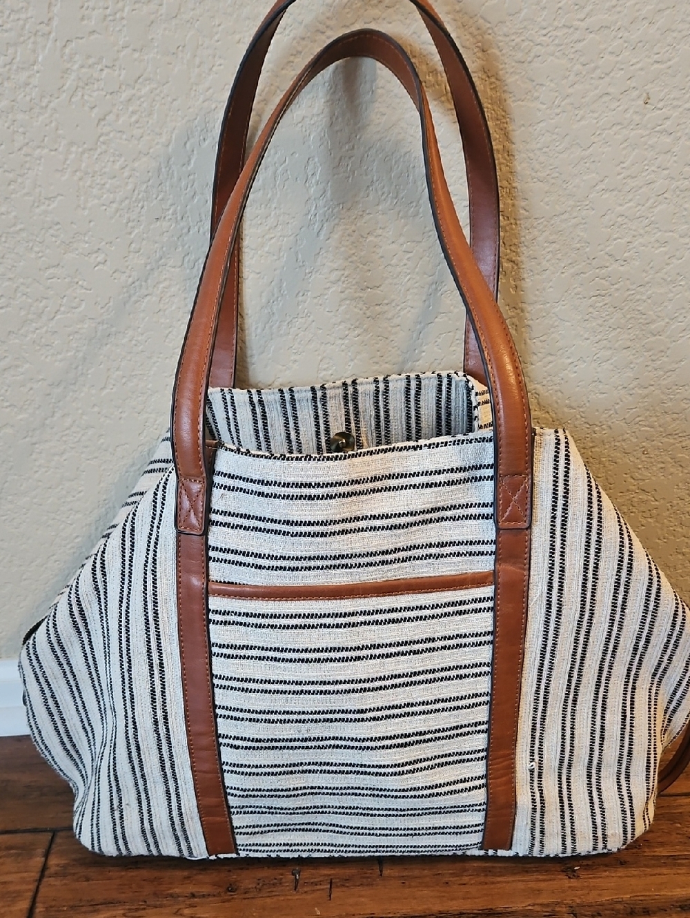 Street Level Striped Canvas Tote with Brown Leather Trim‎